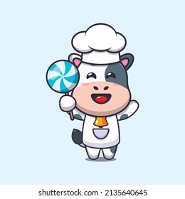 cute cow chef mascot cartoon character holding candy