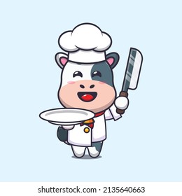 cute cow chef mascot cartoon character with knife and plate