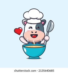 cute cow chef mascot cartoon character with soup