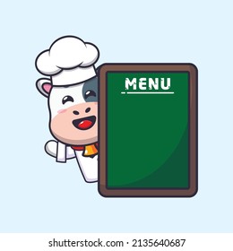 cute cow chef mascot cartoon character with menu board