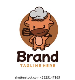 Cute Cow Chef Mascot Hold Spatula Food Logo Design