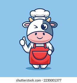 Cute cow chef with thumbs up cartoon vector illustration. Food animals and restaurant icons.