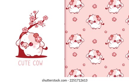 Cute cow and cherry blossoms blooming seamless pattern kawaii wallpaper