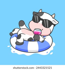 Cute Cow Chill On Swimming Tires With Juice Cartoon Vector Icon Illustration. Animal Holiday Icon Concept Isolated Premium Vector. Flat Cartoon Style