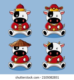 Cute cow in Chinese traditional costume collection illustration