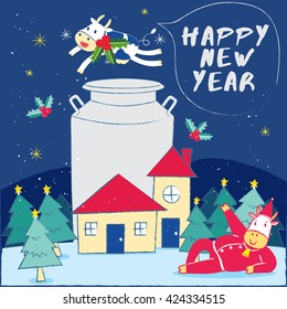 Cute Cow And Christmas Background : Vector Illustration