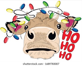
Cute cow with christmas garland.   New year Card, t-shirt composition, hand drawn style print. Vector illustration bull. Ho ho ho - lettering