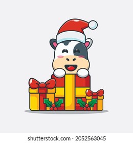 Cute cow in christmast day cartoon vector illustration