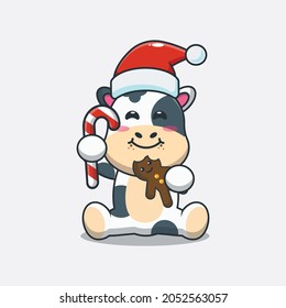 Cute cow in christmast day cartoon vector illustration