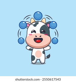 Cute cow circus attraction with balls cartoon vector illustration. vector cartoon illustration suitable for poster, brochure, web, mascot, sticker, logo and icon.