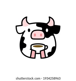 cute cow coffee tea cup drink cartoon logo vector icon illustration