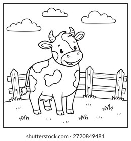 Cute Cow Coloring Page Vector Illustration for Kids on Farm Background