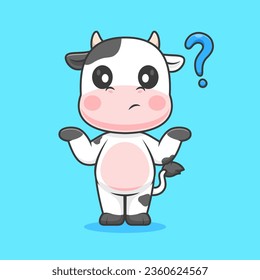 Cute Cow Confused Thinking Cartoon Vector Icon Illustration. Animal Nature Icon Concept Isolated Premium Vector. Flat Cartoon Style