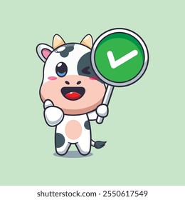 Cute cow with correct sign cartoon vector illustration. vector cartoon illustration suitable for poster, brochure, web, mascot, sticker, logo and icon.