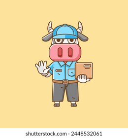 Cute cow courier package delivery animal chibi character mascot icon flat line art style illustration concept cartoon set