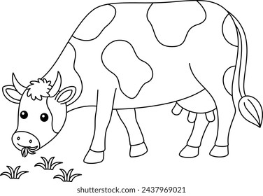 Cute cow cows are grazing coloring page for kids. A cute flat animal isolated on white background