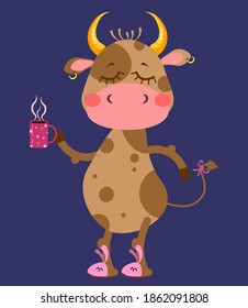 Cute cow with cup of coffee. Vector illustration for greeting card, print, poster and invitation.