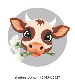 Cute cow with daisies in her mouth on a white background. Design for greeting card. Nursery illustration for baby shower. Vector	
