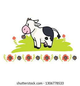Cute cow daisy cartoon vector illustration motif set with border. Hand drawn isolated farm animal floral dairy elements clipart for nature blog, holstein graphic, agriculture web buttons.