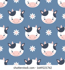 Cute cow and daisy flowers seamless pattern. Funny cartoon character with smiling face on blue background. Design for kids clothes, textile, fabric, wrapping, scrap paper. Vector