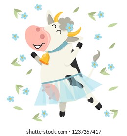 Cute cow dancing in blue skirt. Set of cute Cows character in various poses. Vector illustration for your design