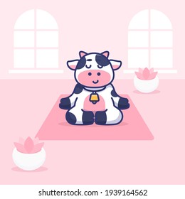 cute cow doing yoga and meditation with lotus flower pot concept illustration