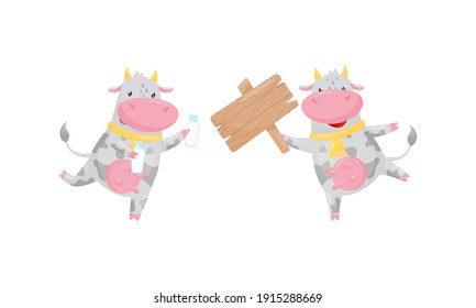 Cute Cow as Domesticated Animal with Hooves Holding Wooden Banner and Bottle of Milk Vector Set