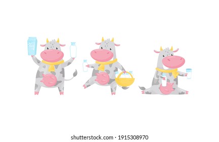 Cute Cow as Domesticated Animal with Hooves Carrying Basket with Milk Bottle Vector Set