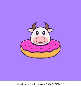 Cute cow with a donut on his neck. Animal cartoon concept isolated. Can used for t-shirt, greeting card, invitation card or mascot.