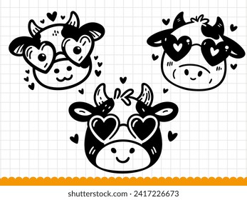 Cute cow doodle face. Vector outline illustration.
