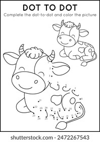 Cute Cow Dot-to-Dot Coloring In Worksheet For Kids