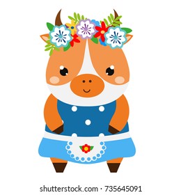 Cute cow in dress and flower wreath. Cartoon kawaii animal character. Vector illustration for kids and babies fashion.