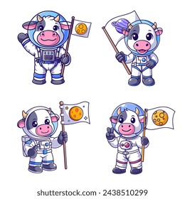 Cute cow dressed as an astronaut and carrying a flag set