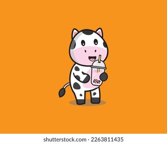 Cute Cow Drink Boba Vector Design