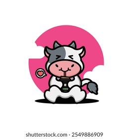 Cute cow drink coffee cartoon