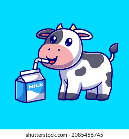 Cute Cow Drink Milk Box Cartoon Vector Icon Illustration. Animal Drink Icon Concept Isolated Premium Vector. Flat Cartoon Style