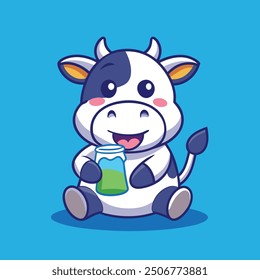 Cute Cow drink milk cartoo Icono de Vector Ilustración Azul Color Animal Flat Icon Concept Aislado