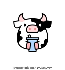 cute cow drink playful cartoon logo vector icon illustration