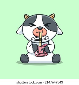 Cute Cow Drinking Boba Cartoon Vector Icon Illustration. Animal Drink Icon Concept Isolated Premium Vector. Flat Cartoon Style