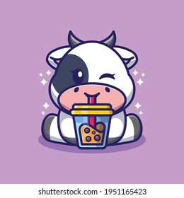 Cute cow drinking boba milk tea cartoon