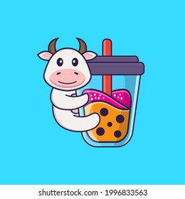 Cute cow Drinking Boba milk tea. Animal cartoon concept isolated. Can used for t-shirt, greeting card, invitation card or mascot.