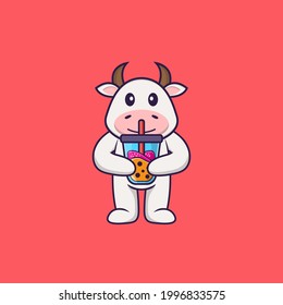 Cute cow Drinking Boba milk tea. Animal cartoon concept isolated. Can used for t-shirt, greeting card, invitation card or mascot.