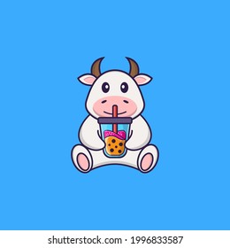 Cute cow Drinking Boba milk tea. Animal cartoon concept isolated. Can used for t-shirt, greeting card, invitation card or mascot.