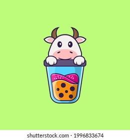 Cute cow Drinking Boba milk tea. Animal cartoon concept isolated. Can used for t-shirt, greeting card, invitation card or mascot.