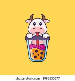 Cute cow Drinking Boba milk tea. Animal cartoon concept isolated. Can used for t-shirt, greeting card, invitation card or mascot.