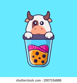 Cute cow Drinking Boba milk tea. Animal cartoon concept isolated. Can used for t-shirt, greeting card, invitation card or mascot.
