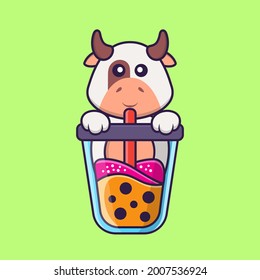 Cute cow Drinking Boba milk tea. Animal cartoon concept isolated. Can used for t-shirt, greeting card, invitation card or mascot.