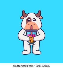 Cute cow Drinking Boba milk tea. Animal cartoon concept isolated. Can used for t-shirt, greeting card, invitation card or mascot.