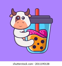 Cute cow Drinking Boba milk tea. Animal cartoon concept isolated. Can used for t-shirt, greeting card, invitation card or mascot.