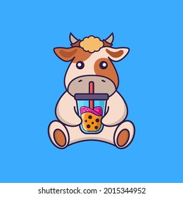 Cute cow Drinking Boba milk tea.